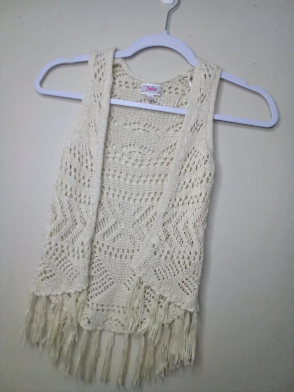 Justice Vest Cardigan Girls 5 Open Front Loose Knit Boho Fringe Cream
